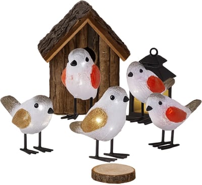 Lomera Vogels Kerstfiguur Acryl - Vogels Led - Set van 5 - Verlicht Kerstfiguur - Led Verlichting - Timerfunctie - Kerstverlichting Figuren - Acryl Vogels - Binnen/buiten Gebruik - IP44 Batterijbox - Werkt op Batterijen