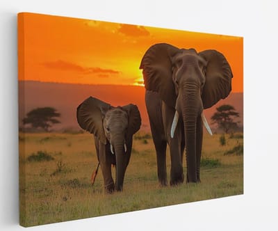 Saammp Canvas Schilderij - Olifant met Jong in zonsondergang - Afrika - Dieren - 45x30 - Foto op canvas - Wanddecoratie - muurdecoratie Woonkamer - Slaapkamer decoratie - Canvas Print