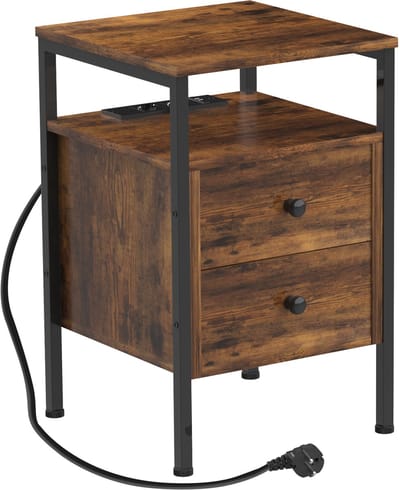 PIPIPOXER- Bijzettafel met oplaadstation, Nachtkastje met 2 lades, USB-aansluiting en stopcontact 40x40x61cm