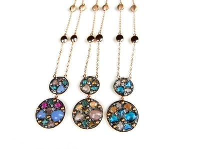 Zilveren halsketting collier halssnoer roos goud verguld Model Double Full Moon gezet met blauwe en roze stenen