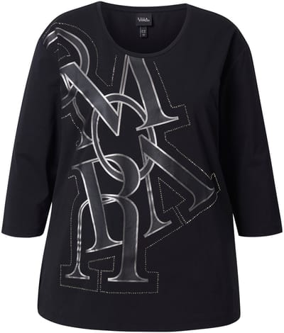 Ulla Popken - Dames - Shirt letters oversized ronde hals 3/4-mouwen - Zwart - Maat 42+