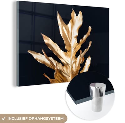 MuchoWow® Glasschilderij 150x100 cm - Schilderij acrylglas - Bladeren - Goud - Herfst - Natuur - Luxe - Foto op glas - Schilderijen