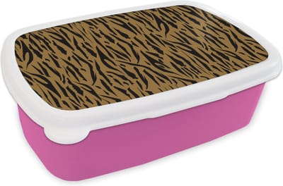 Broodtrommel Roze - Lunchbox - Brooddoos - Patronen - Tijgerprint - Bont - 18x12x6 cm - Kinderen - Meisje