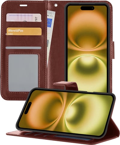 Hoesje - Met Pasjeshouder - Geschikt voor Apple iPhone 16 - Luxe Bookcase Portemonee - Flip Case - Kunstleer Book Case - Flipcase - Book Cover - Walletcase - Portemonneehoes - Telefoonhoesjes - Bruin