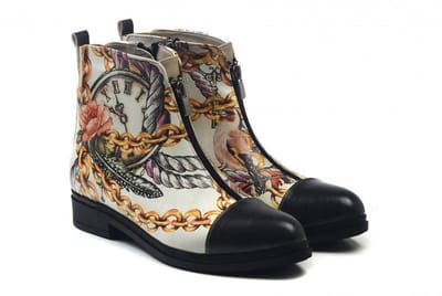 Goby Dames Enkellaarzen – Vintage Klok en Ketting Print – Handgemaakt Vegan Leer – Dameslaarzen – Maat 37