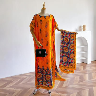 Stijl Mode Oversized Afrikaanse Dameskleding Dubai Dashiki Abaya Bloemenprint Ontwerp Met Sjaal Losse Lange Jurk red