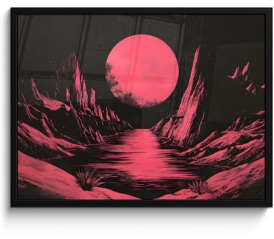 Poster in lijst - Fotolijst 70x50 cm - Posters - Maan - Felroze - Bergen - Rivier - Posterlijst zwart - Decoratie - Wanddecoratie woonkamer - Muurdecoratie slaapkamer