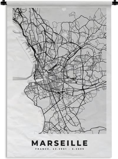 Wandkleed - Wanddoek - Marseille - Plattegrond - Frankrijk - Kaart - Stadskaart - 120x180 cm - Wandtapijt
