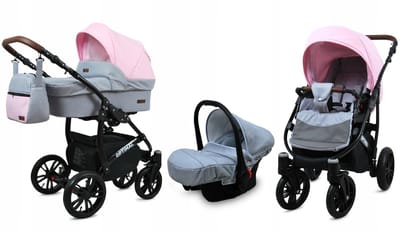 BabyLux® Kinderwagen 3in1 – OPTIMAL - LIGHT PINK BLACK FRAME - Opklapbare Wandelwagen incl. Reiswieg, Multifunctionele Buggy Sportstoel, Autostoel - Combi-kinderwagen met Luiertas, Regenhoes, Klamboe, Bekerhouder, etc.