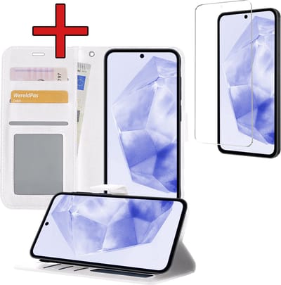 Hoesje - Met Screenprotector - Geschikt voor Samsung Galaxy A35 - Luxe Pasjeshouder - Flipcase - Bookcase Portemonee - Flip Case - Kunstleer Book Case - Book Cover - Walletcase - Portemonneehoes - Telefoonhoes - Wit