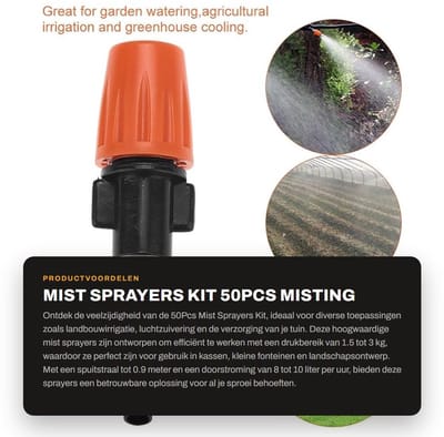 Dailygoods- Mist Sprayers Set van 50 - Hoge Kwaliteit Plastic - 1/4'' Kraan - 4mm/7mm Slang - Voor Irrigatiesystemen - Werkdruk 1.5-3 kg - Nevelspuiters