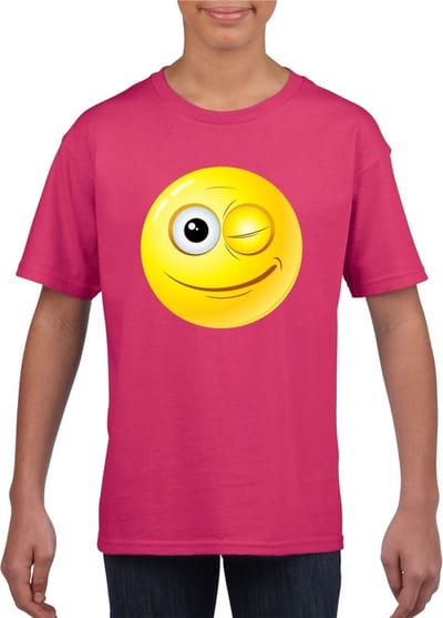 emoticon/ emoticon t-shirt knipoog roze kinderen 110/116