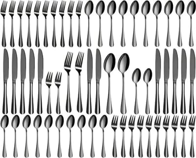 Bestekset voor 12 personen, 60-delig zwart bestek, hoogglans gepolijst en vaatwasmachinebestendig, elegant bestek, mat zwart, met mes, vork, lepel, voor thuis, feest, restaurant (zwart)