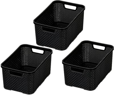 Unyqoos ® Stijlvolle Zwarte Rotan Stijl Opbergmanden Set van 3 voor Badkamer en Kantoor, BPA-vrij Kunststof