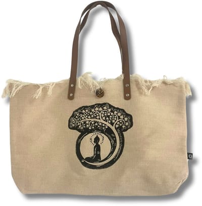 Ancient Wisdom - Tas - Natuurlijke draagtas multicolor katoen met leren handvat - schoudertas - boodschappentas - handtas - eco-vriendelijk - modeaccessoire - tas voor dagelijks gebruik