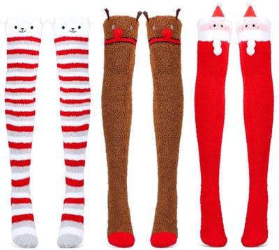 Kerstsokjes - Boven de knie - Thermische fleece beenwarmers - Rood - Pluizige warme loungesokjes - Geschikt voor uniseks-volwassenen - On...