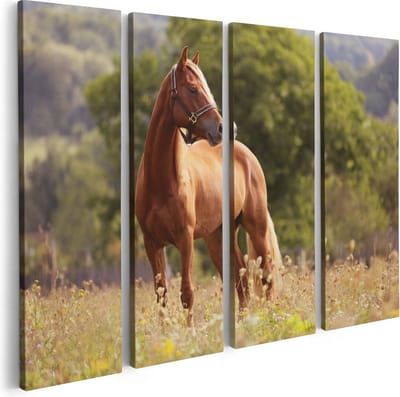 Artaza Canvas Schilderij Vierluik Bruin Paard In De Wei - 80x60 - Foto Op Canvas - Canvas Print