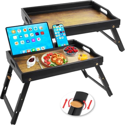 Inklapbare Bamboe Bed Tray met Handvatten en Media Slot – Rustiek Donkerbruin Ontbijt en Snack Dienblad