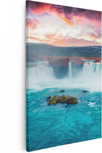 Artaza Canvas Schilderij Landschap - 20x30 cm - Klein - Wanddecoratie Bergen - Muurdecoratie Zonsondergang - Kamer Accessoires Waterval