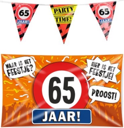 65 jaar verjaardag versiering pakket – vlag – gevelvlag – paperdreams