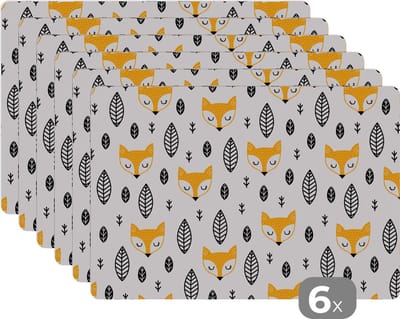 Placemat - Placemats kunststof - Vos - Scandinavisch - Kinderen - Bladeren - Patronen - 45x30 cm - 6 stuks - Hittebestendig - Anti-Slip - Onderlegger - Afneembaar