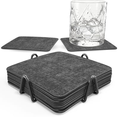 Castagnola Kunstlederen Onderzetters – Onderzetters voor Glazen – Design Onderzetters met Houder – Leren Onderzettersset met metalen houder – Leder – Set van 10 - Gemêleerd Zwart - 10x10cm
