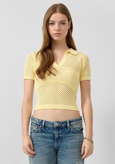 Polo met korte mouwen met ajourmotief voor vrouw QS Slim Fit