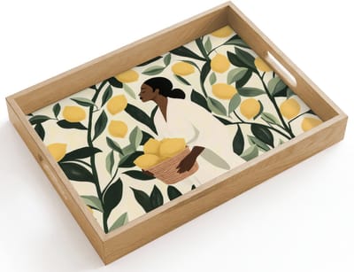 Dienblad hout 40x30 cm - Schootdienblad - Vrouw - Mand - Citroenen - Bladeren - Borrelplank rechthoek - Plateau dienbladen