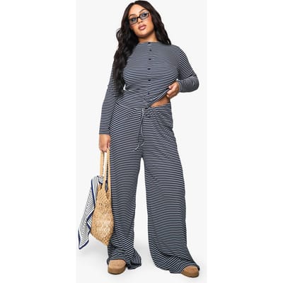 boohoo Dames Plus Broek met Enkel Trekkoord-Taille - Gestreept | Marineblauw | Maat: 44