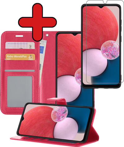 Hoesje - Met Screenprotector - Geschikt voor Samsung Galaxy A13 5G - Luxe Pasjeshouder - Flipcase - Bookcase Portemonee - Flip Case - Kunstleer Book Case - Book Cover - Walletcase - Portemonneehoes - Telefoonhoes - Donkerroze