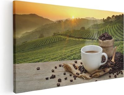Artaza Canvas Schilderij Koffie - 40x20 cm - Klein - Wanddecoratie Koffie - Muurdecoratie Zonsondergang - Schilderijen Op Canvas Landschap