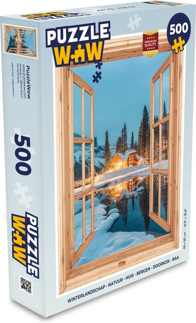 Puzzel Winterlandschap - Natuur - Huis - Bergen - Doorkijk - Raam - Legpuzzel - Puzzel 500 stukjes