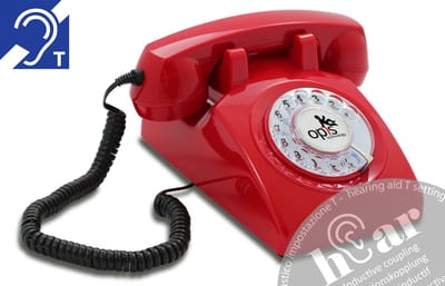 Retro telefoon - met draaischijf - mechanische rinkelbel - HAC gehoorapparaat compatible - rood - 60