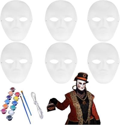 Dailygoods- Maskers 6 stuks - Papieren Maskers - Decoreren - Halloween - Maskerfeest - Inclusief 12 kleuren lak 3 ml - Lengte 24 cm, breedte 18 cm - Feestmaskers