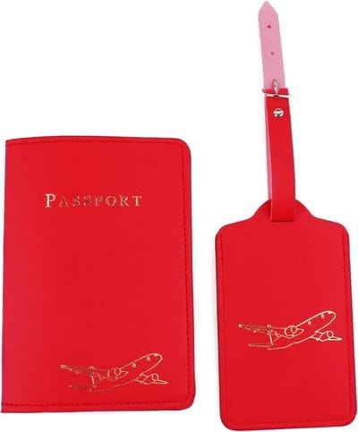 Premium Lederen Paspoorthoes met Bagagelabel - Paspoorthouder - Paspoort Protector with Luggage Tag - Rood