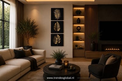 Gouden Bladeren Drieluik – Canvas Schilderij – Elegante Wanddecoratie – Moderne 3-Delige Kunst – Luxe Interieur - 3x40x40 cm
