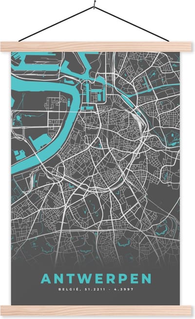 Posterhanger incl. Poster 40x60 cm - Schoolplaat - Stadskaart – Grijs - Kaart – Antwerpen – België – Plattegrond - Textielposter - Blanke latten - Stadskaart