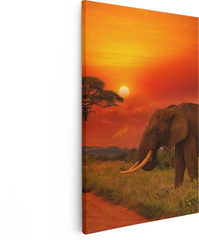 Artaza Canvas Schilderij Olifant - 80x120 cm - Groot - Wanddecoratie Afrika - Muurdecoratie Zonsondergang - Schilderijen Dieren