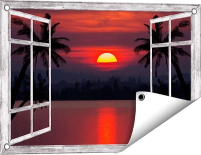 Gards Tuinposter Doorkijk Zonsondergang op het Strand met Palmbomen - 60x40 cm - Tuindoek - Tuindecoratie - Wanddecoratie buiten - Tuinschilderij