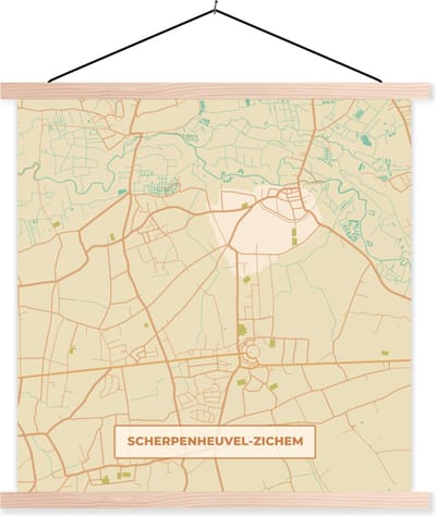 Posterhanger incl. Poster 40x40 cm - Schoolplaat - Plattegrond - Kaart - Stadskaart - Vintage - Scherpenheuvel-Zichem - Textielposter - Blanke latten - Stadskaart