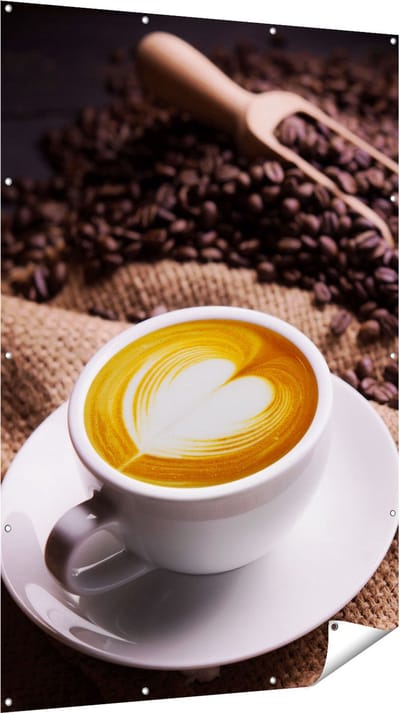 Gards Tuinposter Kopje Koffie in een Hartje met Koffiebonen - 120x180 cm - Tuindoek - Tuindecoratie - Wanddecoratie buiten - Tuinschilderij