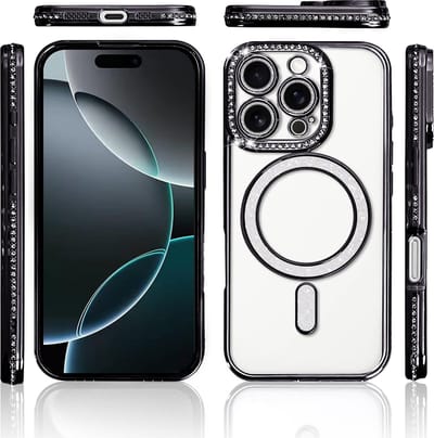 Hoesje Geschikt voor iPhone 16 Pro Max Magsafe hoes Lens beschermer Zwart – Luxe bling sprankelende diamant backcover