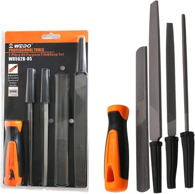 Metalen Vijlset - Raspen Set - Hout Metaal Vormgeven - Antislip Handgrepen - 5 Delig - Oranje Handgrepen