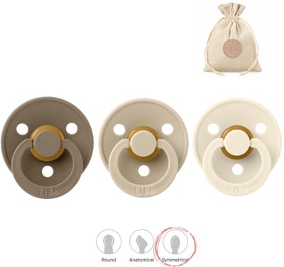 BIBS fopspenen symmetrisch - maat 1 (0-6 maanden) - dark oak, ivory, vanilla + Bolletoet zakje