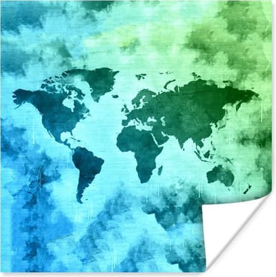 Poster 30x30 cm - Wereldkaart - Rook - Blauw - Posters - Kamer decoratie - Wanddecoratie woonkamer - Muurdecoratie slaapkamer