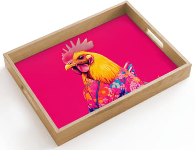 Dienblad hout 40x30 cm - Schootdienblad - Haan - Kleurrijk - Kimono - Roze - Borrelplank rechthoek - Plateau dienbladen