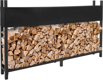 Metalen brandhoutrek met afdekzeil - 200x25x115 cm | Tuinhoutopslag | Waterafstotend & UV-bestendig