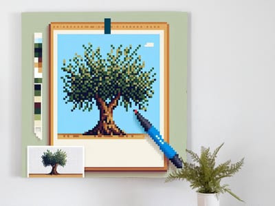 Pixel art olijfboom schilderij | Verfijnde pixels vormen een sfeervol olijfboomkunstwerk op doek | Kunst - 20x20 centimeter op Canvas | Foto op Canvas