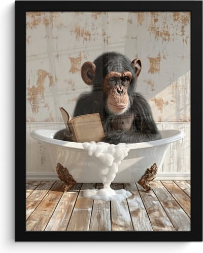 Poster in lijst - Fotolijst 30x40 cm - Posters - Vintage - Aap - Badkuip - Schuim - Dier - Posterlijst zwart - Wanddecoratie badkamer - Muurdecoratie WC - Decoratieve accessoires - Toilet muur decoratie