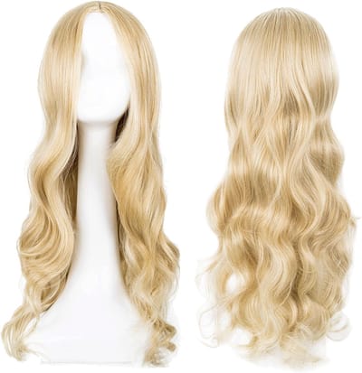 Famanu - Lange golvende blonde pruik Geschikt voor vrouwen en meisjes, 68 cm lang, krullend, vol haar, golvend, hittebestendig, pruik, cosplay, kostuum, charmante pruik Geschikt voor dagelijks carnaval (blond)